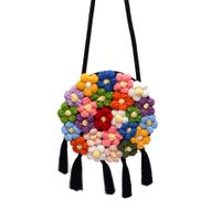 Women's Medium Cotton And Linen Flower Cute Tassel Round Magnetic Buckle Crossbody Bag sku image 4