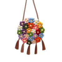 Women's Medium Cotton And Linen Flower Cute Tassel Round Magnetic Buckle Crossbody Bag sku image 5