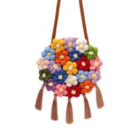 Women's Medium Cotton And Linen Flower Cute Tassel Round Magnetic Buckle Crossbody Bag sku image 2