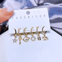 Yakemiyou Star Key Lock Copper Asymmetrical Zircon Dangling Earrings 6 Pieces main image 3