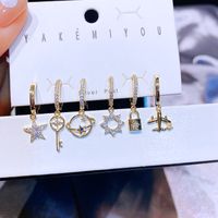Yakemiyou Star Key Lock Copper Asymmetrical Zircon Dangling Earrings 6 Pieces sku image 1