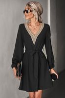 Women's A-line Skirt Fashion V Neck Patchwork Long Sleeve Solid Color Knee-length Daily main image 5