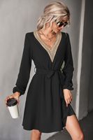 Women's A-line Skirt Fashion V Neck Patchwork Long Sleeve Solid Color Knee-length Daily main image 4
