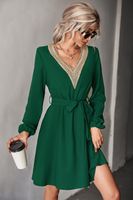 Women's A-line Skirt Fashion V Neck Patchwork Long Sleeve Solid Color Knee-length Daily main image 3