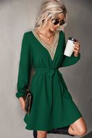Women's A-line Skirt Fashion V Neck Patchwork Long Sleeve Solid Color Knee-length Daily main image 2