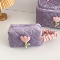 Women's Small Corduroy Flower Fashion Square Hook Loop Cosmetic Bag sku image 3