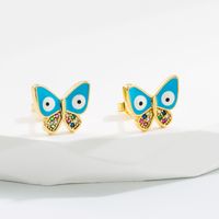 Classic Style Devil's Eye Butterfly Copper Enamel Gold Plated Zircon Ear Studs 1 Pair main image 4