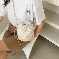 Women's Small Pu Leather Straw Solid Color Flower Fashion Cylindrical String Bucket Bag main image 3