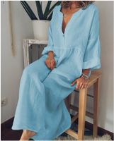 Frau Swing-kleid Mode V-ausschnitt Drucken Taste Ärmel Mit Neun Punkten Einfarbig Maxi Langes Kleid Ferien main image 5