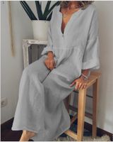 Frau Swing-kleid Mode V-ausschnitt Drucken Taste Ärmel Mit Neun Punkten Einfarbig Maxi Langes Kleid Ferien main image 3