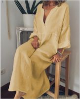 Frau Swing-kleid Mode V-ausschnitt Drucken Taste Ärmel Mit Neun Punkten Einfarbig Maxi Langes Kleid Ferien main image 2