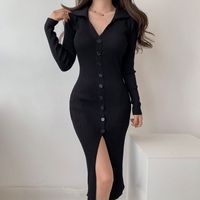 Fashion Solid Color Turndown Long Sleeve Button Knit Dresses Midi Dress Sweater Dress sku image 5