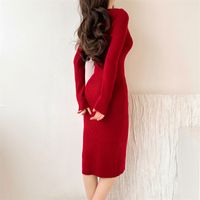 Women's Sweater Dress Sexy V Neck Long Sleeve Solid Color Knee-length Banquet main image 2