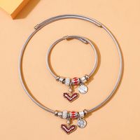 Fashion Heart Shape Stainless Steel Inlay Rhinestones Women's Bracelets Necklace 2 Pieces sku image 1