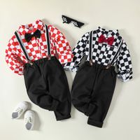 Preppy Style Solid Color Grid Side Pockets Bowknot Polyester Girls Clothing Sets main image 1