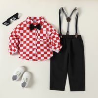 Preppy Style Solid Color Grid Side Pockets Bowknot Polyester Girls Clothing Sets main image 11