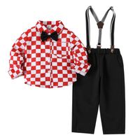 Preppy Style Solid Color Grid Side Pockets Bowknot Polyester Girls Clothing Sets sku image 1