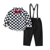 Preppy Style Solid Color Grid Side Pockets Bowknot Polyester Girls Clothing Sets sku image 6