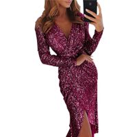 Femmes Jupe Crayon Mode Col En V Paillettes Patchwork Manche Courte Manche Longue Couleur Unie Maxi Longue Robe Banquet main image 4