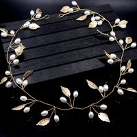 Sweet Bride Golden Headdress Leaves Pearl Hairband Hair Accessories sku image 1