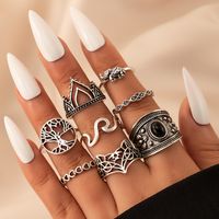 Fashion Retro Black Gemstone Water Drop Diamond Geometric Hollow Lotus Set Ring 11 Piece Set main image 9