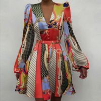 Women's A-line Skirt Elegant V Neck Printing Long Sleeve Ditsy Floral Color Block Midi Dress Daily main image 6