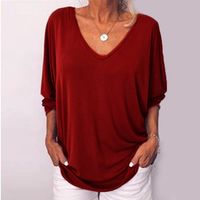 Fashion Solid Color Polyester V Neck 3/4 Length Sleeve Batwing Sleeve Button T-shirt main image 2