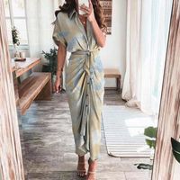 Femmes Jupe Irrégulière Élégant Col En V Impression Plissé Manche Courte Fleur Maxi Longue Robe Vacances Rue main image 4