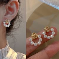 Fashion Heart Shape Flower Copper Beaded Plating Inlay Pearl Zircon Earrings Ear Studs 1 Pair sku image 13