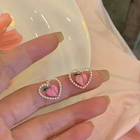 Sweet Heart Shape Flower Copper Plating Inlay Pearl Zircon Drop Earrings Ear Studs 1 Pair sku image 3