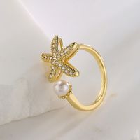 Fashion Leaf Starfish Butterfly Copper Gold Plated Pearl Zircon Open Ring main image 2