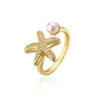 Fashion Leaf Starfish Butterfly Copper Gold Plated Pearl Zircon Open Ring sku image 3