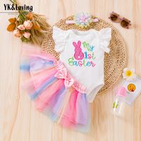 Easter Fashion Cartoon Embroidery 100% Cotton Girls Clothing Sets main image 4