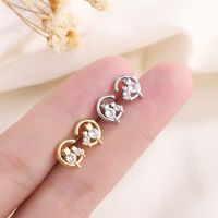 Fashion Moon Cat Copper Inlay Zircon Ear Studs 1 Pair main image 1