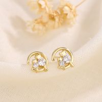 Fashion Moon Cat Copper Inlay Zircon Ear Studs 1 Pair sku image 1