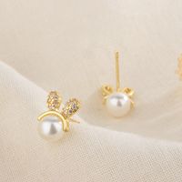 Fashion Bunny Ears Copper Plating Artificial Pearls Zircon Ear Studs 1 Pair sku image 1