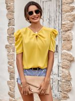 Mode Einfarbig Polyester V-ausschnitt Kurzarm Puff Ärmel T-shirt sku image 5