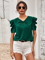 Fashion Solid Color Polyester V Neck Short Sleeve Puff Sleeve T-shirt sku image 12