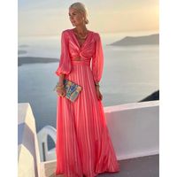 Mujeres Vestido Oscilante Elegante Cuello En V Impresión Plisado Manga Larga Color Sólido Vestido Maxilargo Banquete sku image 4