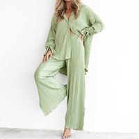 New Pleated Long-sleeved Lapel Shirt With Slit Trousers Two-piece Set main image 6