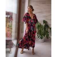 Women's A-line Skirt Casual V Neck Printing Patchwork Short Sleeve Flower Maxi Long Dress Daily main image 5