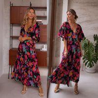 Women's A-line Skirt Casual V Neck Printing Patchwork Short Sleeve Flower Maxi Long Dress Daily main image 1