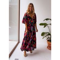 Women's A-line Skirt Casual V Neck Printing Patchwork Short Sleeve Flower Maxi Long Dress Daily main image 4