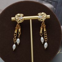 1 Pair Vintage Style French Style Irregular Tassel Tassel Pearl Inlay Copper Zircon 18K Gold Plated Drop Earrings main image 5