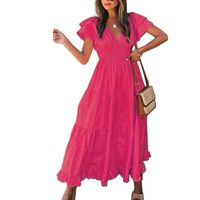 Women's Straight Skirt Fashion V Neck Pleated Short Sleeve Solid Color Maxi Long Dress Daily main image 3