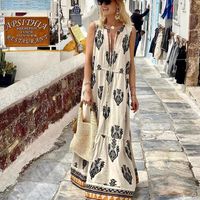 Women's A-line Skirt Bohemian V Neck Printing Sleeveless Printing Maxi Long Dress sku image 3