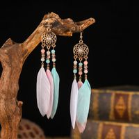 Perles De Riz Vintage Pompon Longues Boucles D&#39;oreilles En Plumes Attrape-rêves En Gros sku image 4