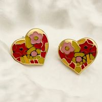 Retro Heart Shape Flower Stainless Steel Ear Studs 1 Pair sku image 1