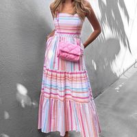 Women's A-line Skirt Elegant Collarless Printing Long Sleeve Stripe Midi Dress Daily sku image 1