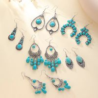 1 Pair Retro Geometric Water Droplets Hollow Out Alloy Turquoise Chandelier Earrings main image 1